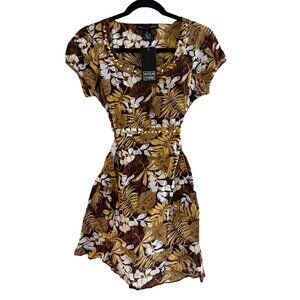 Antilia Femme Womens Brown & Yellow Floral Print Short Sleeve Belted Dress Size